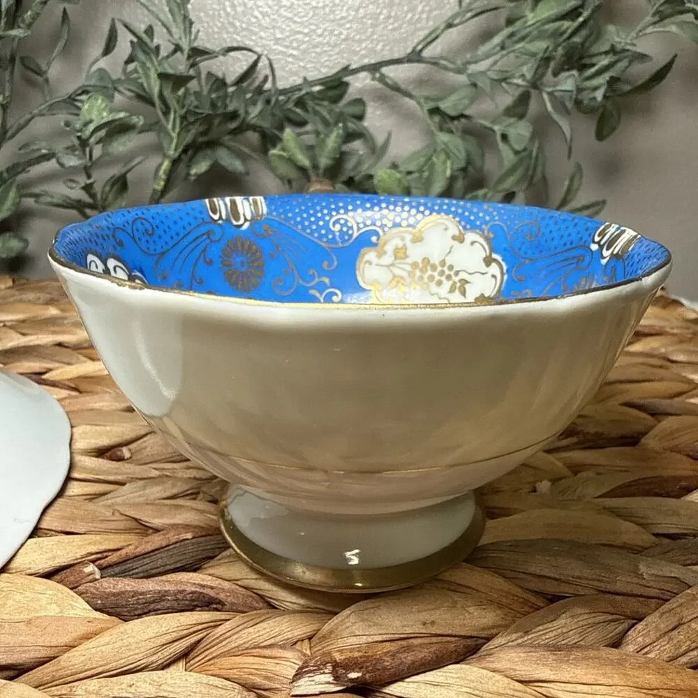 Vintage Hand Painted Japan Cobalt Blue Gold Gilt Tea Cup Saucer Rose Floral